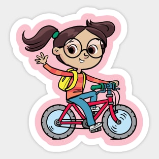 cheerful girl rides a bicycle and waves Sticker